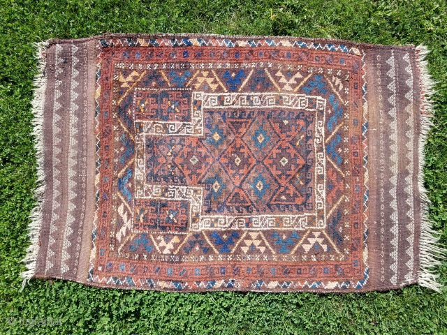 Baluch prayer rug - about 37" x 54" AS FOUND.  Complete with meaty pile, floppy handle, nice kilim bands, scattered moth bites, and dirty.        