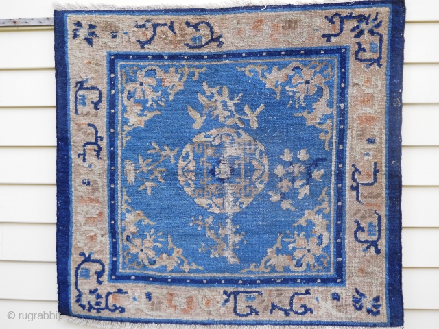 Chinese square about 3 x 3 - nice medium blue field.  Wear in center, new sides and ends overcast, slight moth.           