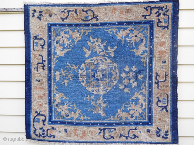 Chinese square about 3 x 3 - nice medium blue field.  Wear in center, new sides and ends overcast, slight moth.           