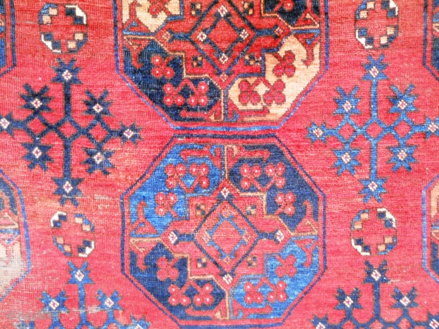 Main carpet with beautiful blues, yellow, ivory, etc.  Wonderful secondary guls and other design elements. Nice weave. Missing all around. worn. stain upper end. moth nicks. Has not been cleaned. (  ...