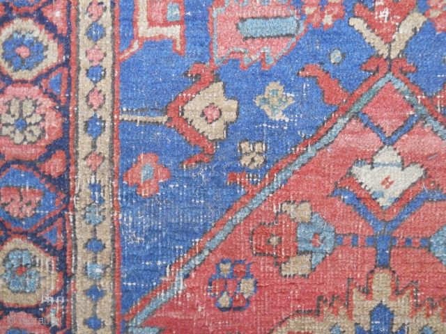 Old Heriz area rug - 3.1 x 5.2, wonderful color, wear areas, moth.  Needs cleaning.                 