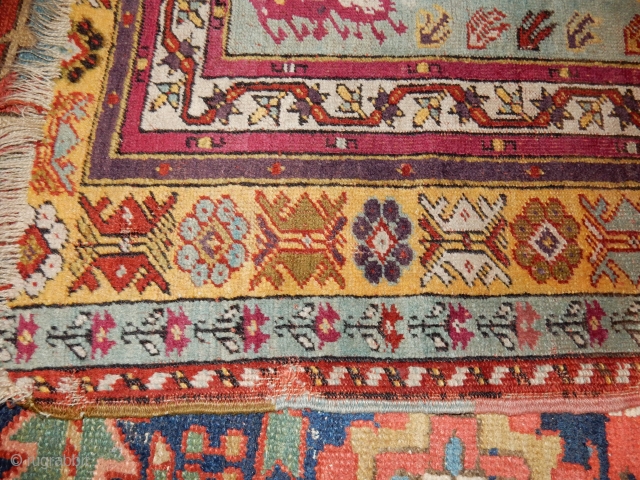 FINE OLD TURKISH RUG - LARGE 4 X 5 FOOT SIZE - ALL WOOL CONSTRUCTION- GOOD PILE WITH END AND SIDE DAMAGE AS SHOWN -
PRICE REFLECTS CONDITION      