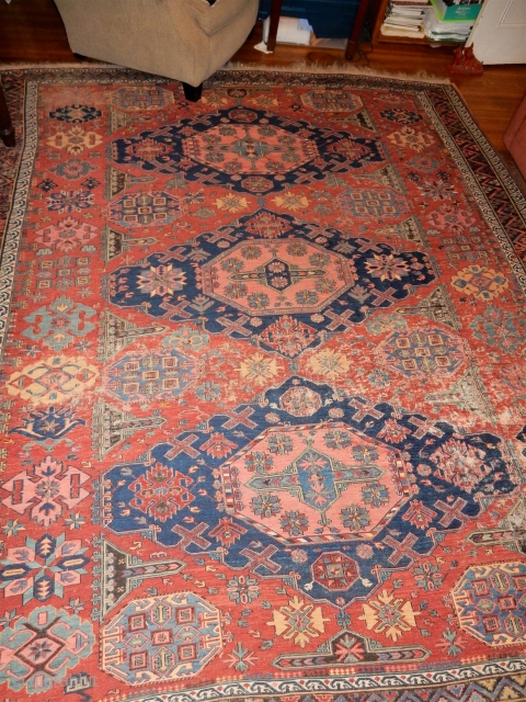 SOUMACK SUMAK CARPET WITH ALL NATURAL DYES - NO CHEMICAL DYES - SIZE OF 92 X 116 INCHES 
COMPLETE KNOTTED ENDS AS SHOWN - SIDES OVERCAST AS SHOWN -3 AREAS OF WEAR  ...