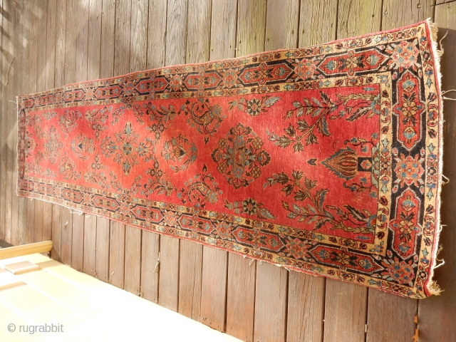 32 inch x 120 inch NARROW SAROUK RUNNER WITH VERY LITTLE WEAR - AS FOUND - NEEDS A GOOD WASH TO SHINE - $900         