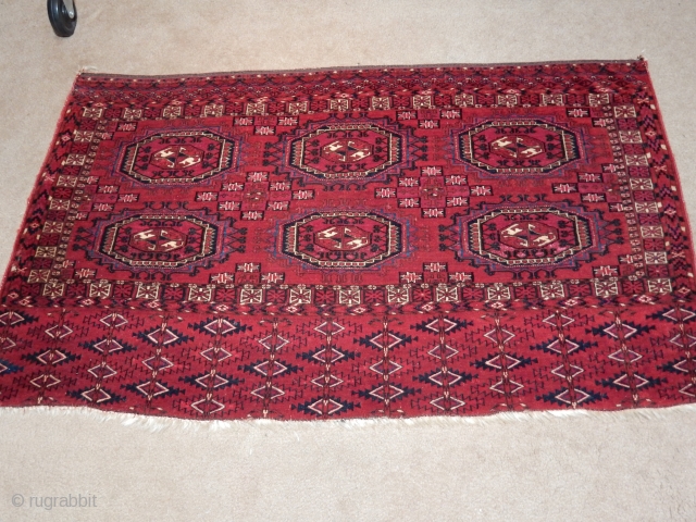 superb condition- full pile - great skirt design -no condition issues-
compare my 2 tekke weavings to others now on rugrabbit missing sides, ends, top and with splits and holes 
   