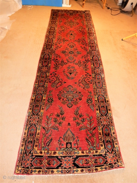 NARROW 32 X 125 INCH SAROUK RUNNER IN VERY GOOD CONDITION AS SHOWN - LOOK FOR THE FINE DESIGN ADDED EACH END----           
