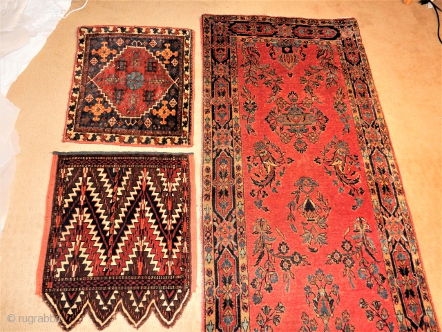 $900 EACH - 1. NARROW 32 X 110 INCH SAROUK RUNNER IN GREAT CONDITION 2. OLD QASHQAI BAG FACE WITH FULL PILE 3. YOMUT OK BASH WITH FULL PILE AND ALL NATURAL  ...