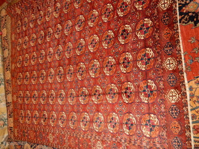 TWO FINE TURKOMAN WEAVINGS UN EXCELLENT NEARLY FULL PILE CONDITION AS FOUND .
PICTURED IS A 6 X 7 FT TEKKE MAIN CARPET - SEE HOFFMEISTER PAGE #157-$3600
AND NEXT A REALLY FINE YOMUD  ...