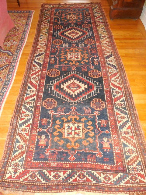 excellent pile - original as found condition

3 ft 10 inches x 10 feet 

kazak with 8 weavers shaking their  combs

$950 or BO          