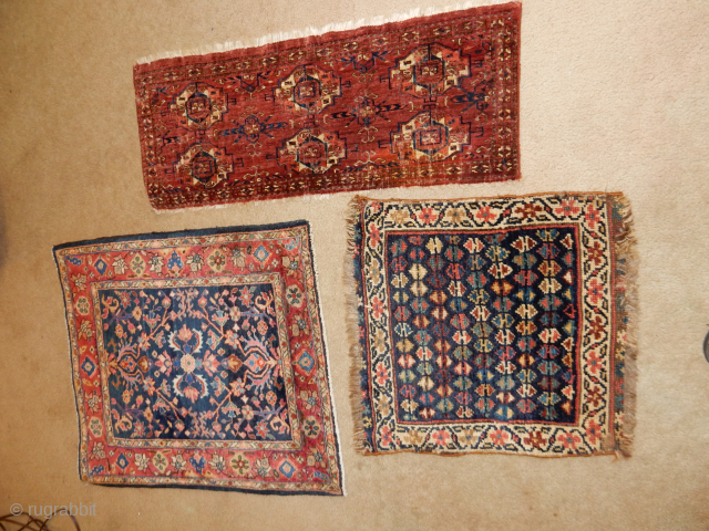 THREE NICE OLD WEAVINGS - A FINE SAROUK MAT WITH FULL PILE AND NO CONDITION ISSUES -
A FULL PILE KURDISH BAGFACE WITH BEST NATURAL DYES AND FULL PILE- AND A CLASSIC SMITH  ...