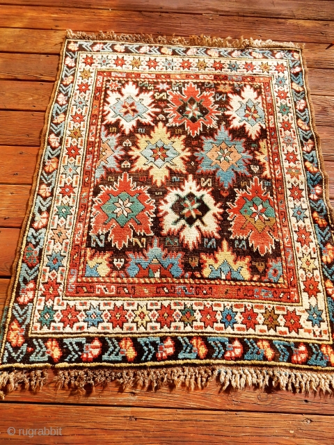 CAUCASIAN BLOSSOM CARPET- NICE 3 X4 FOOT SIZE - ALL ORIGINAL AS FOUND -
EXCELLENT NEAR FULL  PILE WITH A CORRODED BLACK FIELD - NICE KNOTTED ENDS - NO REPAIRS- ALL NATURAL  ...