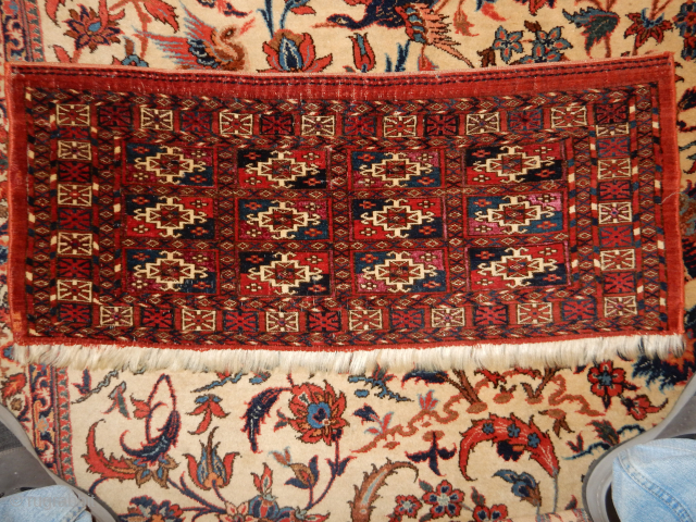 THREE FINE OLD WEAVINGS WITH FULL PILE .
A TEKKE MAFRASH PANEL THAT SHINES ,
A KAZAK RUNNER WITH A TALISH BORDER THAT HAS  AUBERGINE
AND A FULL PILE ISPHAHAN ISFAHAN DOZAR WITH MULTICOLORED  ...