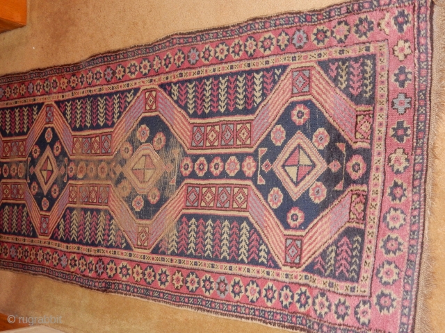 narrow old turkish runner .... 32 x 100 inches..... some wear but complete ends and sides $325                