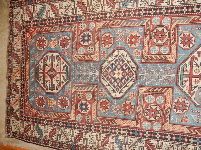 SHIRVAN WITH ALL NATURAL DYES-LOVELY SOFT BLUE FIELD AND MANY ANIMALS -SIZE OF  44 X 82 INCHES - AS FOUND WITH NO REPILING/REPAIRS -SLIGHT END LOSS= GOOD SIDES 
 ...  
