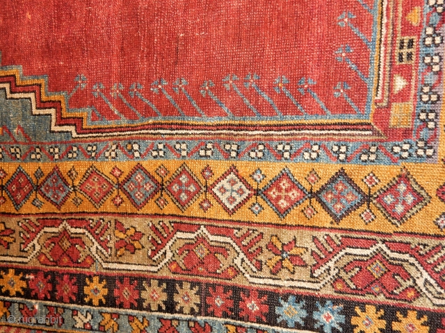 OLD ANATOLIAN RUG WITH THE BEST MELLOW DYES - BETTER THAN THIS PHOTO-
EXCELLENT PILE BUT SOME DAMAGE  AND END LOSS . ORIGINAL AS FOUND CONDITION -NO REPAIRS
$1150  INCL    ...