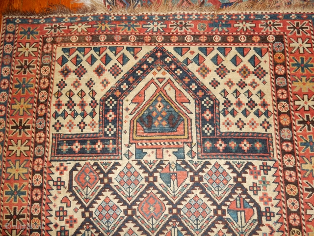 dagestan prayer rug in  superb as found original condition with a 2 headed snake in the prayer mihrab - a  quality village weaving product- 42 x 52 inches   