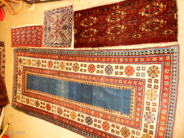 KERMAN MAT SUPERB CONDITION $300. TEKKE MAFRASH SUPERB CONDITION $650 . TALISH RUG WITH WONDERFUL BLUE FIELD $1400. OLD OLD TEKKE 6 GUL TORBA WITH AVIGDOR TAG $750 .    