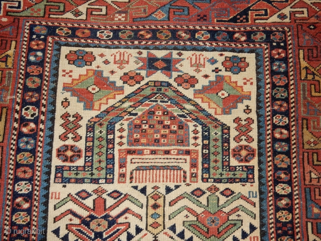 ..EASTERN CAUCASIAN COLLECTORS  -THIS IS FROM MY OWN COLLECTION - CLASSIC AKSTAFA PRAYER RUG WITH ALL GOOD DYES AND THE BEST COLORS - EXCELLENT PILE WITH NO WORN AREAS -
CRUDE REPAIR  ...