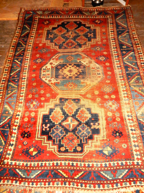 large 6 + x 7 1/2  ft kazak with al natural dyes and wear as shown . solid and ready to be restored $650  plus shipping     