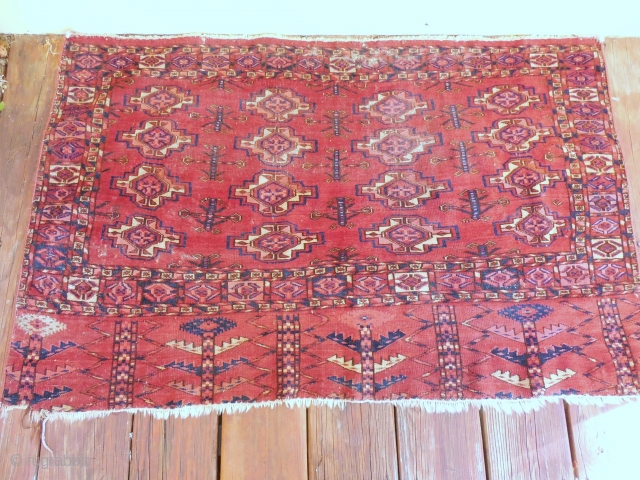 TEKKE TURKOMAN CHUVAL . GOOD AGE WITH SOME WEAR . NEEDS A GOOD WASHING . ALL GOOD COLORS.               
