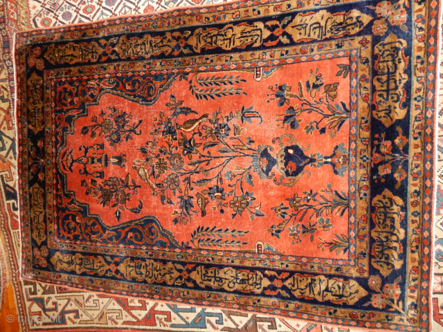 SAROUK PRAYER RUG WITH INSCRIPTIONS  OF POETIC VERSES ?MAYBE .....$1000
BOYLSTON ASSOCIATES ANTIQUE CAUCASIAN RUGS .COM                 