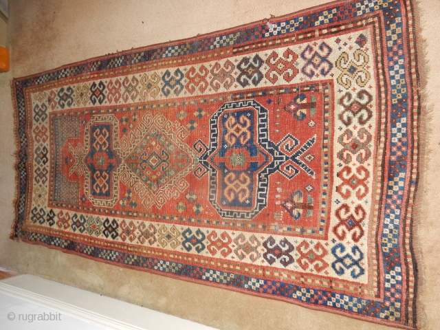 KAZAK PRAYER RUG - 3 X 6 FT- DECENT PILE AND CONDITION - ALL GOOD DYES -SIDES COVERED AS SHOWN - GOOD AGE -NICE GREEN AND BLUE DYES = A FEW SMALLISH  ...