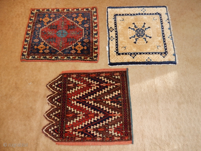 SELLING 3 ANTIQUE WEAVINGS ALL WITH EXCELLENT PLUS PILE - 1. YOUMUD YOMUT OK BASH-TENT POLE COVER - WITH FULL PILE AND GREAT DYES  2. OLD CHINESE 2 X 2 FT  ...