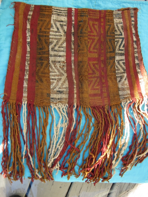 Large Pre Columbian textile bag, size 15 to 18 inches across and vertically to 12 inches not including fringe.   Fringe is about 9 inches.  Late Horizon:  (1450-1550 CE)  ...