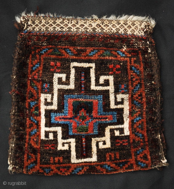 Lovely double-sided knotted-pile Baluch chanteh in good condition with good vegetable colours. 28cm x 26cm (11" x 10").               