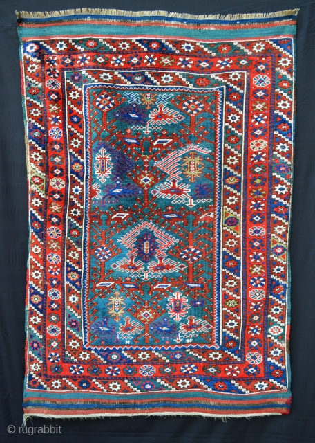 Stunning Dosmealti rug with turquoise ground, evenly-low pile all over. Extremely visual and attractive rug - 1.78m x 1.17m (5' 10" x 3' 10").         