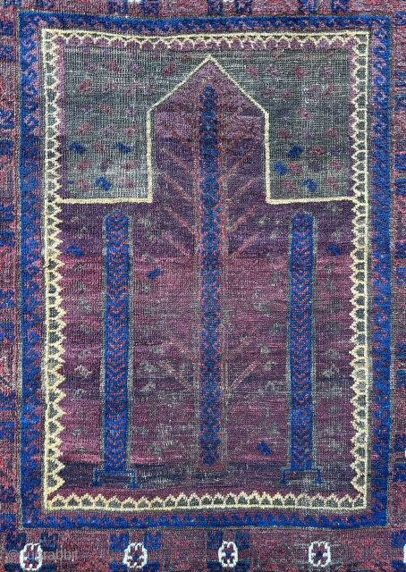 Early, rare Baluch prayer-rug 1.22 x 1.00m (4' 0" x 3' 3") western Afghanistan probably around mid 19th century and in overall good condition with corrosion around the mihrab.
Posted on my website  ...