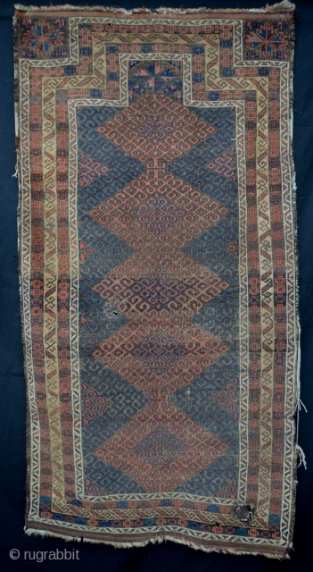 Baluch prayer rug - possibly Bahluli as symmetrically knotted. Found recently in an old English country house - low pile and moth damage - as found.       