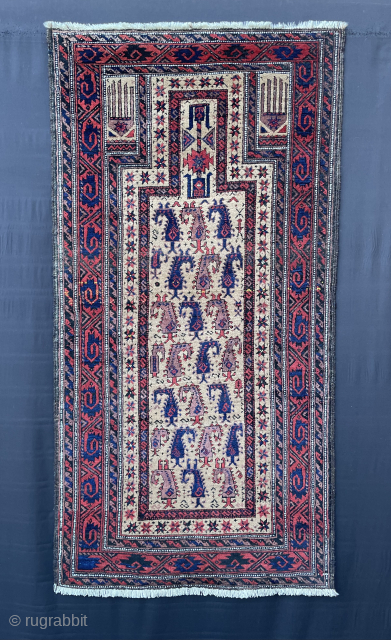 Stock clearance:
Baluch prayer-rug on natural camel-hair ground with stylised scorpions and in very good condition.
Please enquire to brianmacdonaldrugs@gmail.com
               