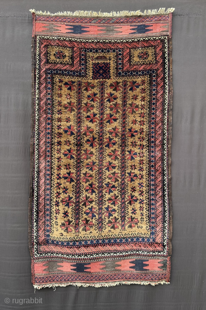Stock clearance: Baluch prayer-rug in very good condition, complete with kilim skirts at each end.
Please enquire to brianmacdonaldrugs@gmail.com               