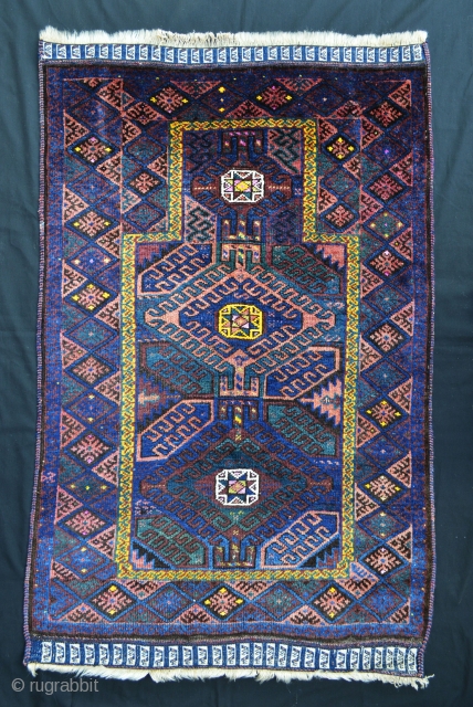 Interesting Timuri prayer-rug with highlights of silk and yellow cotton in the central stars. The yellow border is wool and there is a very nice use of natural green in the field  ...