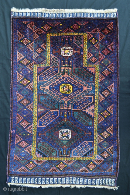 Interesting Timuri prayer-rug with highlights of silk and yellow cotton in the central stars. The yellow border is wool and there is a very nice use of natural green in the field  ...