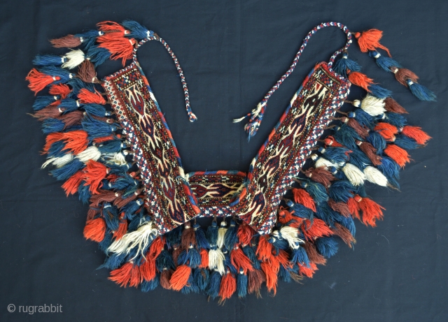 Yomut Turkmen wedding bridle - excellent condition with a nice brocaded band sewn on to the base to contain the tassels.
1.20m x 0.30m (4' x 1') including tassels.     