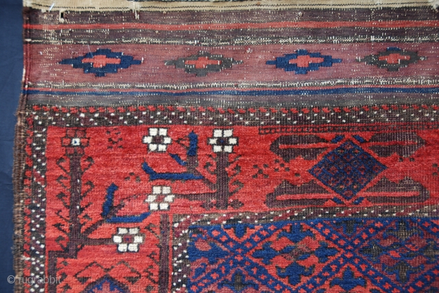 A beautiful 19th century Khorassan Baluchi with unusual elams, in very good condition bar some dark-brown dye corrosion. The 'hashie anguri' main border is stunning. Size: 1.83m x 1.17m (6' 0" x  ...