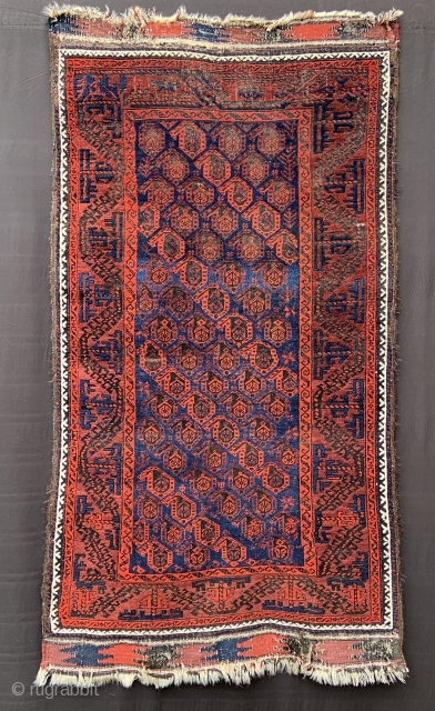 Lovely early Khorassan Baluch just arrived in good overall condition bar the usual corroded dark-brown dye and sadly damaged chevron kilim ends, nevertheless retained - 1.53 x 0.84m (5’ 0” x 2’  ...