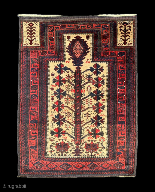 A lovely, small Baluch prayer-rug with natural camel-hair ground comprising a tree-of-life.
In very good condition and complete with plain-weave skirts.
1.42 x 0.76m (4' 8" x 2' 6").
Contact at:- brianmacdonaldrugs@gmail.com    