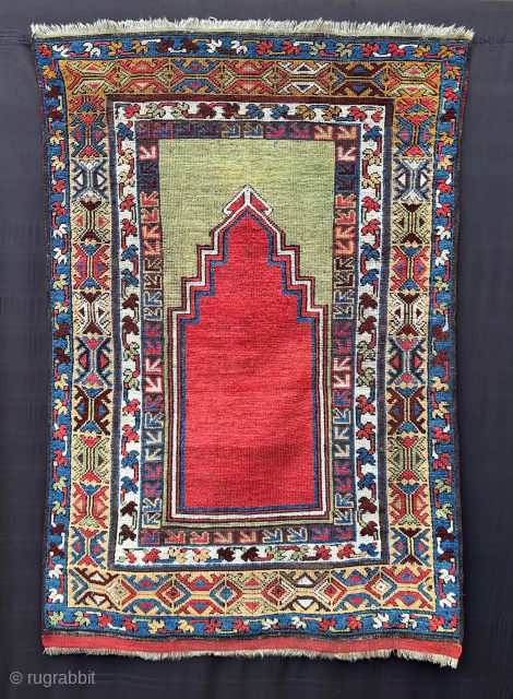 Mid 19th century Konya prayer-rug with beautiful, plain red ground and pea-green mihrab. In good overall condition with evenly-low pile, this fabulous rug incorporates a stunning, yellow main border.
1.60 x 1.08m (5'  ...