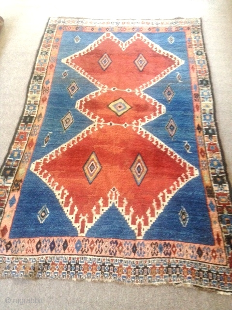 Brian Morehouse:
19th century Gabbeh rug, 76"x 47": A striking Gabbeh rug with an interesting detailed star border; main design format also found on some Qashqai Kilims; wonderful array of colors (all vegetable  ...