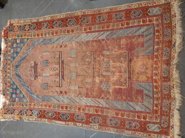very hard to find and rare collectible prayer rug.Full vegetables dye.Kırsehir Manzarali.From 1870's                    