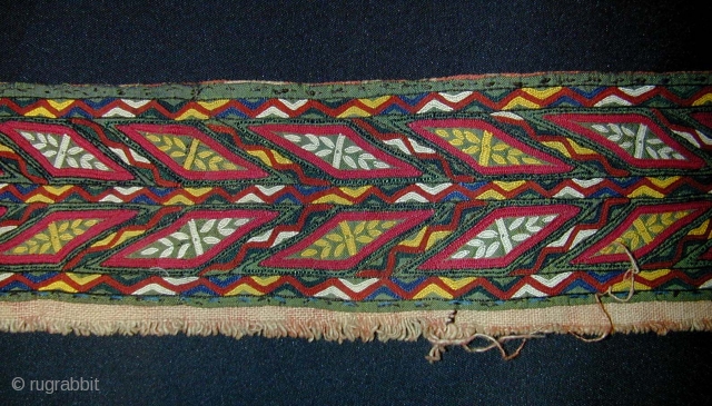 Tekke Turkmen Green Background Silk Embroidered Collar Band. Late 19th c. 109 x 8 cms.                  