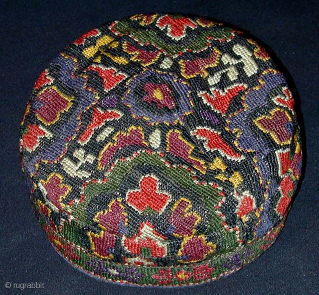 Shahrisabz Silk Embroidered Hat. Early 20th c. Diameter, 17; height 8 cms.                     