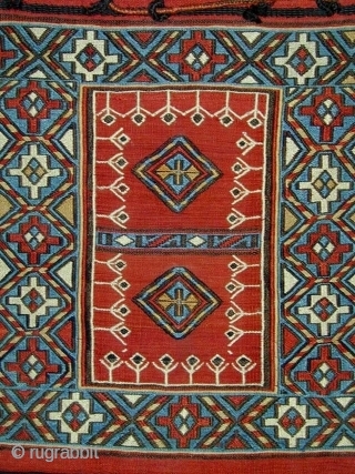 Shahsavan Sumak Khorjin (double bag). South Caucasus.Late 19th c. Unusual central Panel. All natural colors. Complete. 107 x 35 cms.             