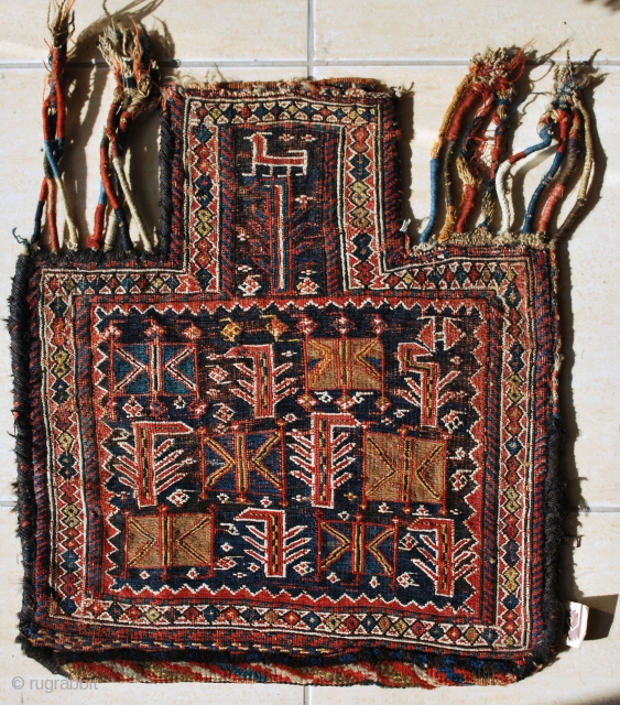 Antique Bakhtiari namakdan (salt-bag), late 19th c. 52 x 57 cm. All wool, cotton white. New overcast to corner gouges.             