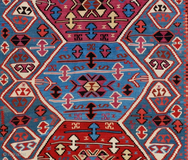 C. Anatolian kilim, 19th c. 140 x 396 cm. Very good natural colors. Very good condition except for two smal tears (at one end and in the center of a brick hexagon). 