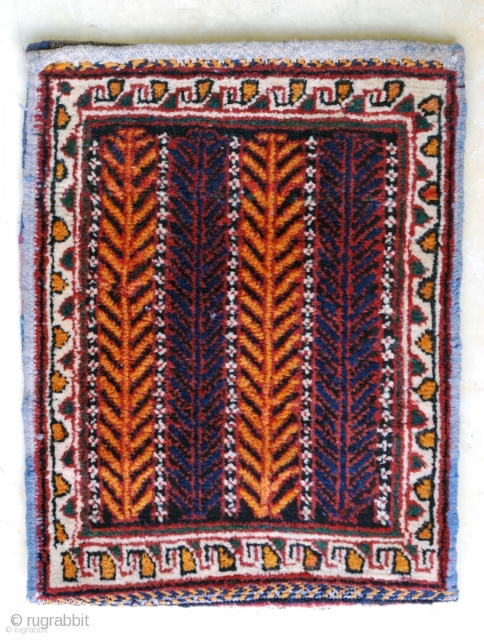 Small Afshar vanity -or spindle- bag (Dehaj area), ca. 1930. Unsewn to show both sides, 30 x 39 cm. Excellent condition.            