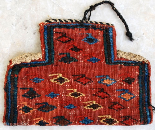 Afshar "tutundan" (tobacco/opium pouch), 26 x 18 cm (11" x 7") with opened flap. All wool in very good condition.             
